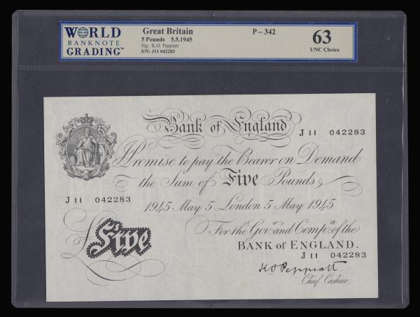 Five Pounds Peppiatt white B255 thick paper dated 5th May 1945 series J11 042283...