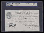 Five Pounds Peppiatt white B255 thick paper dated 5th May 1945 series J11 042283, UNC and graded 63 Choice Unc by World Banknote Grading
Estimate: GB...