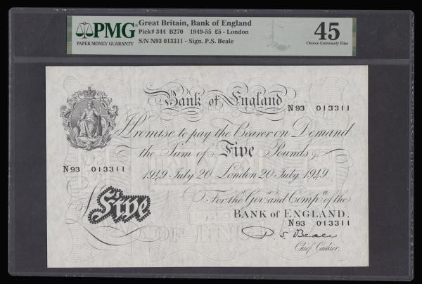 Five Pounds Beale July 20 1949 London N93 013311 B270 PMG 45 Choice Extremely Fi...