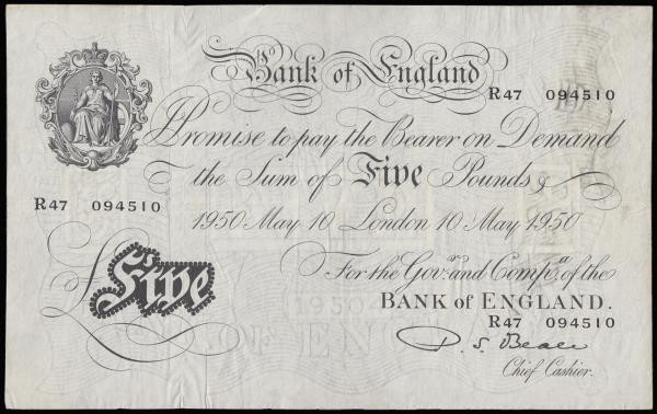 Five Pounds Beale white B270 dated 10 May 1950 prefix R47, Pick 344 Fine
Estima...