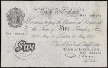 Five Pounds Beale white B270 dated 10 May 1950 prefix R47, Pick 344 Fine
Estimate: GBP 50 - 90