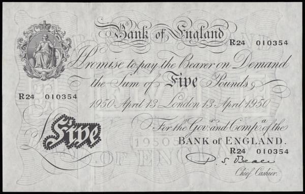 Five Pounds Beale white B270 dated 13th April 1950 prefix R24, crisp EF with som...