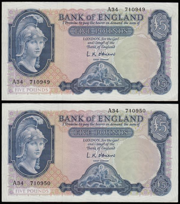 Five Pounds O'Brien B277 Helmeted Britannia at right, Lion and Key reverse issue...