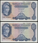 Five Pounds O'Brien B277 Helmeted Britannia at right, Lion and Key reverse issued 1957 (2 consecutives) A34 710949 and 710950 AU-Unc
Estimate: GBP 60...