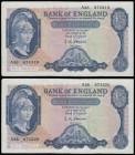 Five Pounds O'Brien B277 Helmeted Britannia at right, Lion and Key reverse issued 1957 (2 consecutives) A36 674319 and 674320 AU
Estimate: GBP 50 - 1...