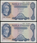 Five Pounds O'Brien B277 Helmeted Britannia at right, Lion and Key reverse issued 1957 (2 consecutives) A36 674381 and 674382 AU-Unc
Estimate: GBP 60...