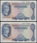 Five Pounds O'Brien B277 Helmeted Britannia at right, Lion and Key reverse issued 1957 (2 consecutives) A36 674383 and 674384 AU-Unc
Estimate: GBP 60...