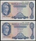 Five Pounds O'Brien B277 Helmeted Britannia at right, Lion and Key reverse issued 1957 (2 consecutives) A36 674385 and 674386 AU-Unc
Estimate: GBP 60...