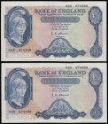 Five Pounds O'Brien B277 Helmeted Britannia at right, Lion and Key reverse issued 1957 (2 consecutives) A36 674388 and 674389 Unc or near so
Estimate...