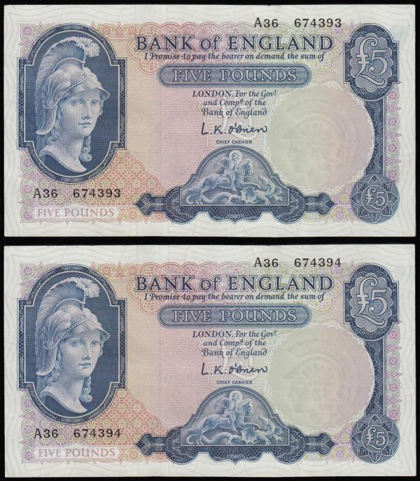 Five Pounds O'Brien B277 Helmeted Britannia at right, Lion and Key reverse issue...