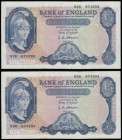 Five Pounds O'Brien B277 Helmeted Britannia at right, Lion and Key reverse issued 1957 (2 consecutives) A36 674393 and 674394 Unc or near so
Estimate...