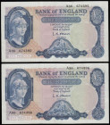 Five Pounds O'Brien B277 Helmeted Britannia at right, Lion and Key reverse issued 1957 (2 consecutives) A36 674395 and 674396 Unc or near so
Estimate...