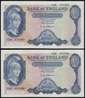 Five Pounds O'Brien B277 Helmeted Britannia at right, Lion and Key reverse issued 1957 (2 consecutives) A36 674397 and 674398 Unc or near so
Estimate...