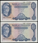 Five Pounds O'Brien B277 Helmeted Britannia at right, Lion and Key reverse issued 1957 (2 consecutives) A36 674399 and 674400 Unc or near so
Estimate...