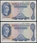 Five Pounds O'Brien B277 Helmeted Britannia at right, Lion and Key reverse issued 1957 (2 consecutives) A77 618470 and 618471 Unc or near so
Estimate...