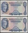 Five Pounds O'Brien B277 Helmeted Britannia at right, Lion and Key reverse issued 1957 (2 consecutives) A98 603275 and 603276 AU
Estimate: GBP 50 - 1...