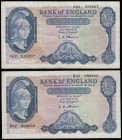 Five Pounds O'Brien B277 Helmeted Britannia at right, Lion and Key reverse issued 1957 (2) A02 316207 VF and B02 889662 EF
Estimate: GBP 30 - 50