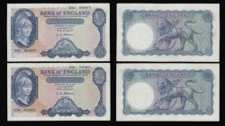 Five Pounds O'Brien B277 Helmeted Britannia at right, Lion and Key reverse issued 1957 (4) prefixes A32, A34, A39 and B11 AU
Estimate: GBP 100 - 200
