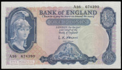 Five Pounds O'Brien B277 Helmeted Britannia at right, Lion and Key reverse issued 1957 A36 674390 Unc or near so
Estimate: GBP 35 - 55