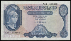 Five Pounds O'Brien B277 Helmeted Britannia at right, Lion and Key reverse issued 1957 First Series A64 638862 Unc
Estimate: GBP 45 - 55