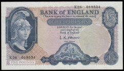 Five Pounds O'Brien B280 Helmeted Britannia at right, Lion and Key reverse issued 1961 EF, K26 prefix
Estimate: GBP 30 - 40