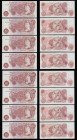 Ten Shillings Britannia in Medallion (13) Hollom 1963 B294 (3) W65 prefix (2 consecutives) and T91, Fforde 1967 B309 (7 consecutives) and B310 (3) gen...