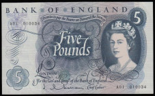Five Pounds Hollom B297 issued 1963 first run A01 010034, AU-UNC desirable thus
Estimate: GBP 70 - 120