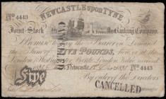 Newcastle upon Tyne &pound;5 Joint Stock Banking Company dated 1838 No.4443, ink cancelled, Grant5507; Outing1515b, pleasing Fine or better 
Estimate...