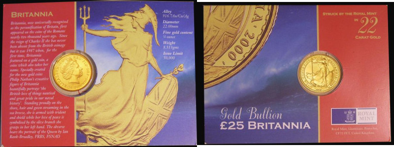 Britannia Gold &pound;25 2000 One Quarter Ounce Bullion issue, UNC on the Royal ...