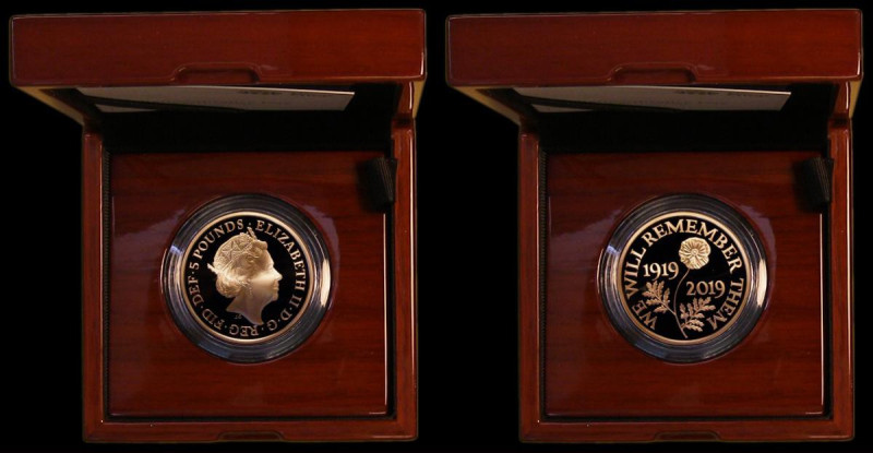 Five Pound Crown 2019 Remembrance Day Centenary 1919-2019 Gold Proof,S.L78 Rever...