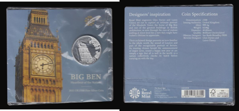 One Hundred Pounds 2015 Big Ben S.NG1 Silver BU on the Royal Mint card of issue ...