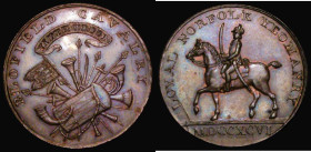 Halfpenny 18th Century Norfolk - Blofield 1796, Obverse: A group of weapons and musical instruments, with banner above, BLOFIELD CAVALRY, Reverse: A m...