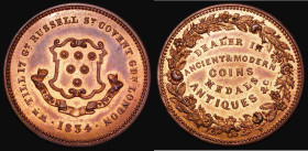 Halfpenny 19th Century London - William Till 1834 30mm diameter in copper, Obverse: Legend in five lines within floral wreath DEALER IN ANCIENT & MODE...