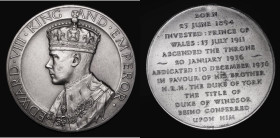 Edward VIII Abdication medal 1936 51mm diameter, matt finish, in silver by J.Pinches Obverse: Bust left, crowned and draped, EDWARD . VIII . KING AND ...
