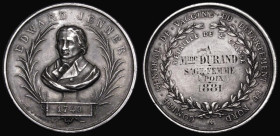 France - Prize Medal awarded to Mme. Durand , Sage Femme a poix, 1881, Edward Jenner 41mm diameter in silver, by Hamel & Lecomte Obverse: Bust Three-q...