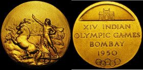 Indian Olympic Games 14th Bombay 1950 52mm diameter in gilt bronze Obverse: The Gateway of India, XIV INDIAN OLYMPIC GAMES BOMBAY 1950 and the Olympic...
