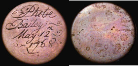 Transportation Token - Engraved on a GB Halfpenny 'Phebe Bailey May 12th 1768' engraving Fine, host coin smooth
Estimate: GBP 100 - 200