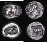 Ancient Greece (2) Rhodes - Caria Silver Drachm (166-88BC) Magistrate Maes. Obverse: radiate Head of Helios right, P-O, rose with buds to left and rig...