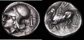 Ancient Greece, Corinth Silver Stater (c.345-307BC) Obverse: Helmeted head of Aphrodite left, no wreath on helmet, AMY monogram and Hermes in right fi...
