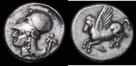 Ancient Greece, Corinth Silver Stater (c.345-307BC) Obverse: Helmeted head of Aphrodite left, no wreath on helmet, AP below, Athena Promachos wielding...