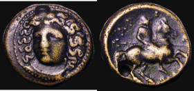 Ancient Greece, Larissa, Thessaly. Ae18 Circa 400-344 BC. AE 18mm.Obverse: Head of nymph facing slightly left, Reverse: Horseman right with spear. 7.3...