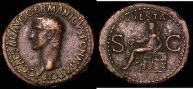Roman Ae As. Gaius Caligula (struck 37-38AD) Obverse bare head left, C CAESAR AVG GERMANICVS PON M TR POT, Reverse: Vesta seated left, holding patera ...