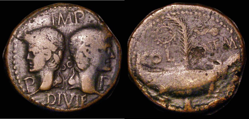 Roman Ae Dupondius or As. Augustus and Agrippa, Gaul, Nemausus, (c.10-14AD) Obve...