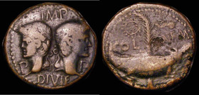 Roman Ae Dupondius or As. Augustus and Agrippa, Gaul, Nemausus, (c.10-14AD) Obverse: Back to back heads of Agrippa, in rostral crown, and Augustus, la...