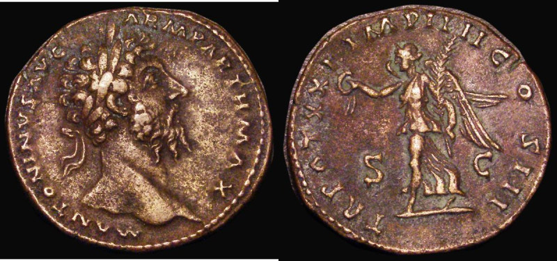 Roman Ae Sestertius Marcus Aurelius (166-167AD) Obverse: Bust right, laureate, M...