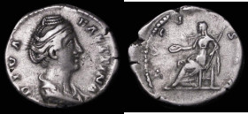 Roman Denarius Diva Faustina Sr. (129AD) Obverse: Draped bust right, DIVA FAVSTINA, Reverse: Vesta, veiled, seated left, holding patera and short scep...