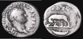Roman Denarius Domitian, Obverse: Laureate head right, CAESAR AVG F DOMITIANVS, Reverse: She-wolf and twins left, boat below, COS V, RIC 961, RSC 51, ...