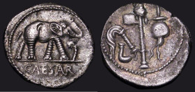 Roman Denarius Julius Caesar 49-48BC Obverse: Elephant right, trampling on serpent, CAESAR in exergue, Reverse: Simpulum, sprinkler, axe and priest's ...