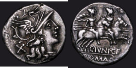 Roman Republic Denarius Caius Junius Caii filius (c.145-138BC) Obverse: Winged head of Roma right, X behind, Reverse: the Dioscuri galloping right wit...