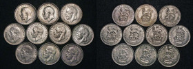 Shillings (10) 1915, 1918, 1925, 1926 Modified Effigy, 1927 First Reverse, 1927 Second Reverse, 1929, 1930, 1933, 1934, GVF to GEF the first two with ...